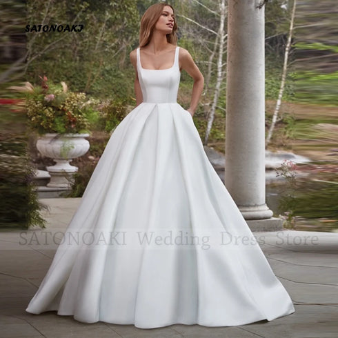 Elegant Simple Square Collar Satin Wedding Dress A-Line Backless Gown with Pockets